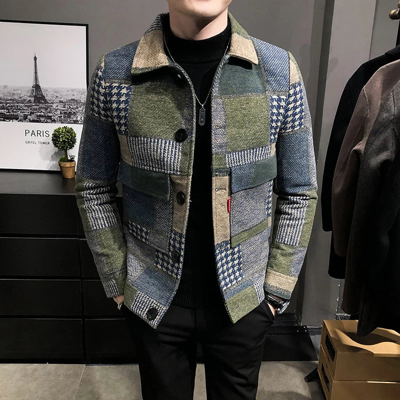 New Hombre Korean Casual Men Stitching Jacket Slim Jacket Fashion Warm Long-sleeved Plaid Gentleman Pockets Coat Jacket S-3XL