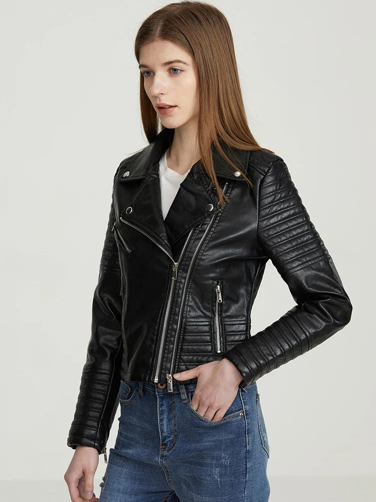 Faux Leather Jacket Women Turndown Collar Pu Motorcycle Black Punk Coat Female Rivet Zipper Outerwear