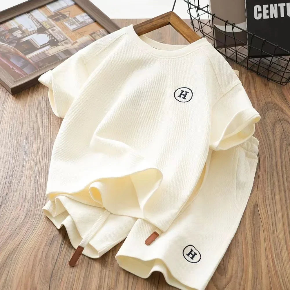 2023 Summer Outfits Short Sleeve Tshirts Shorts Crop Set Baby Boys Girls Cotton Clothing Kid Solid Loungewear Teenage Tracksuits