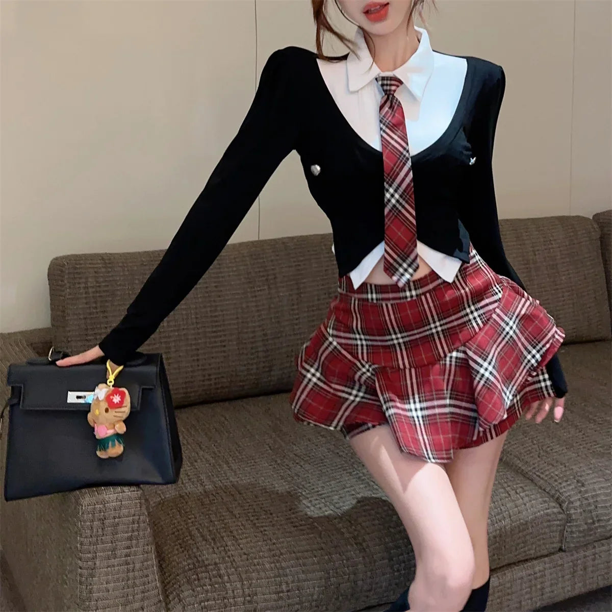 Spicy Girls Uniform Set Women Team Uniform Spring Academic Style Polo Neck Sexy Mini High Waist Plaid Culottes Skirt Red Plaid