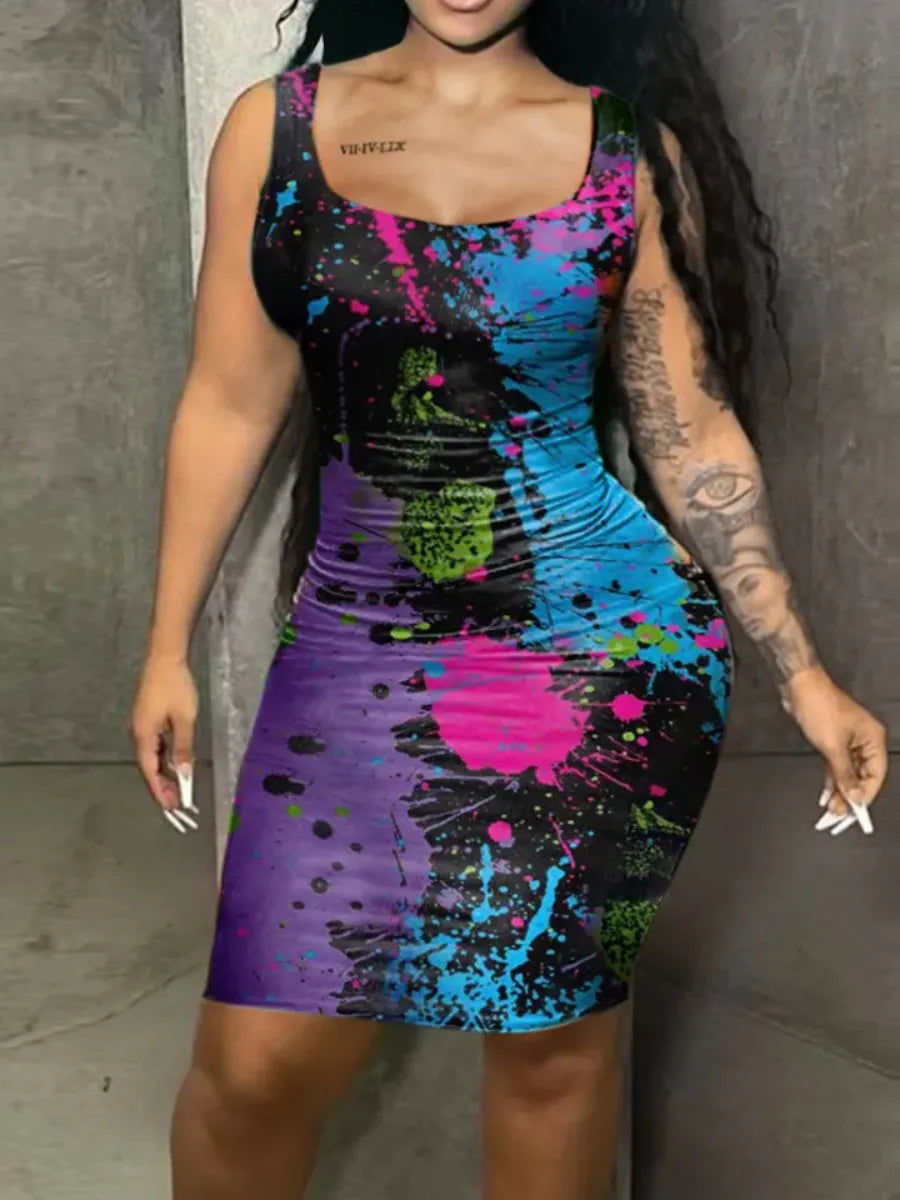 LW Plus Size Splash Ink Bodycon Cami Dress U Neck Bodycon Sexy Slim Mini Dress Sleeveless Tank Top Casual Style