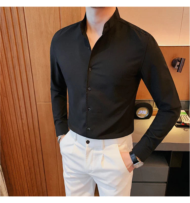 Men Long-sleeved Business Formal Social Dress Shirt Fall Pure Stand Collar Party Club Casual Shirt Men's Brand Slim Tuxedo Shirt