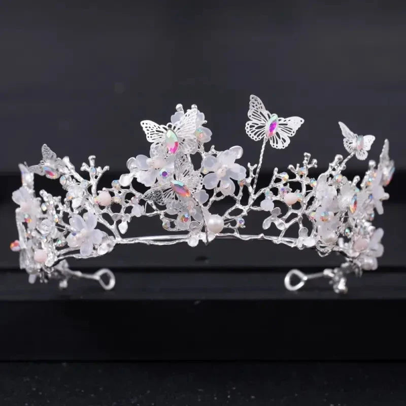 Handmade Bridal Pearl Rhinestone Crown Tiara Butterfly Floral Crown Wedding Gift Floral Design Crown Hair Accessories