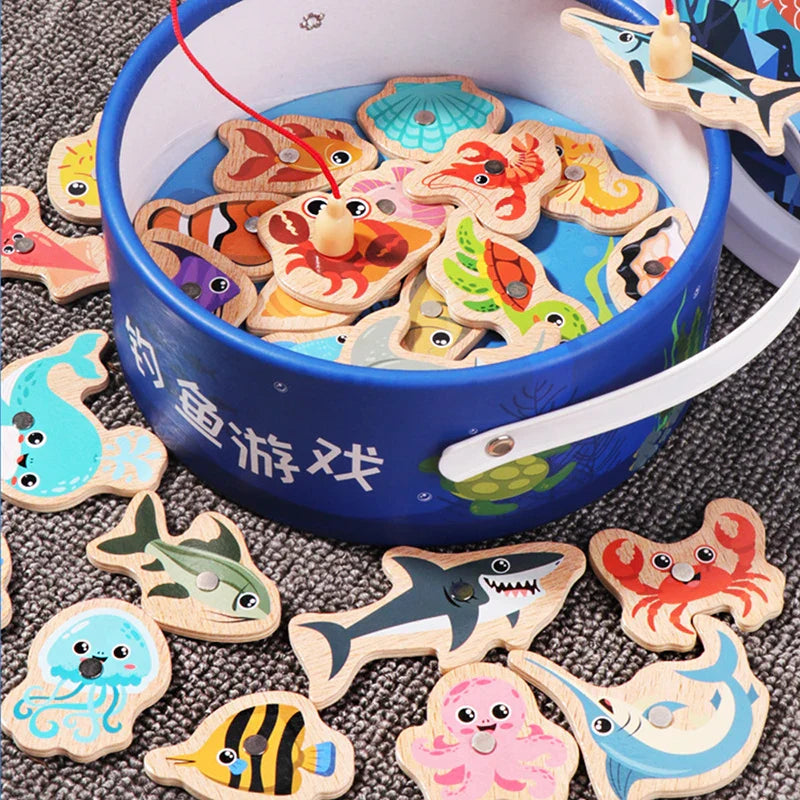 Wooden Magnetic Fshing Toy Marine Life Cognition Fish Rod Toys Children Early Educational Parent-child Interactive Board Game