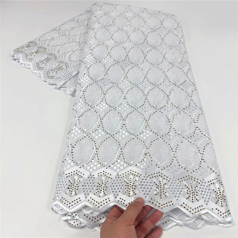 5 Yards African Swiss Voile Lace Fabric Embroidery High Quality With Stones Dry 100% Cotton For Wedding 4L071503