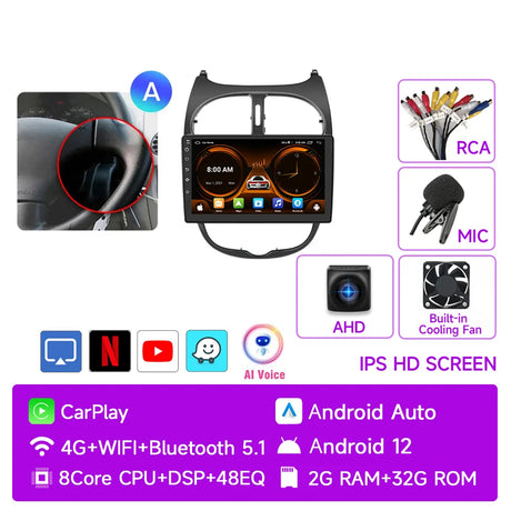 JIUYIN Car Radio For Peugeot 206 206CC 206SW 2001 - 2008 wireless CarPlay Android Auto car intelligent systems No 2 din 2din DVD