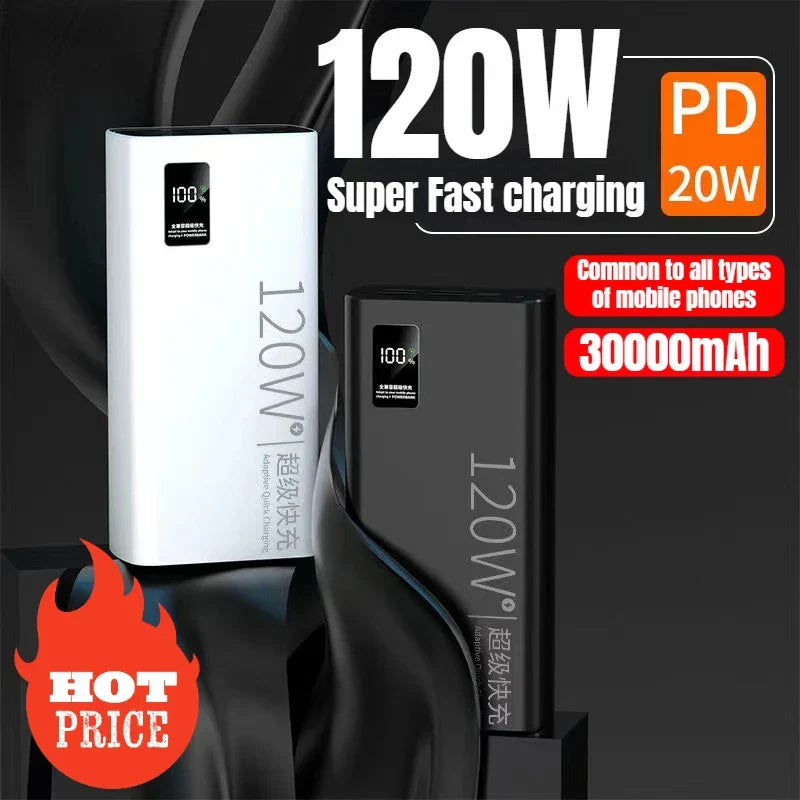 120W super fast charging 30000 mAh power bank with 100% sufficient capacity for mobile power supply for various mobile phones