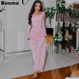 Booma Pink Elegant Mermaid Evening Dresses Long Sleeves Pleated Prom Gowns for Women Boning Long Formal Occasion Dresses