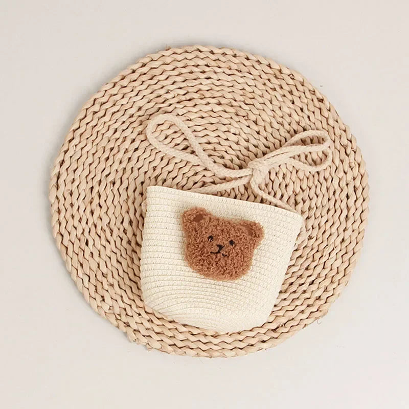 Cute Kids Shoulder Bag Summer Straw Woven Handmade Bags Mini Baby Girls Coin Purse Cartoon Bear Toddler Crossbody Bag