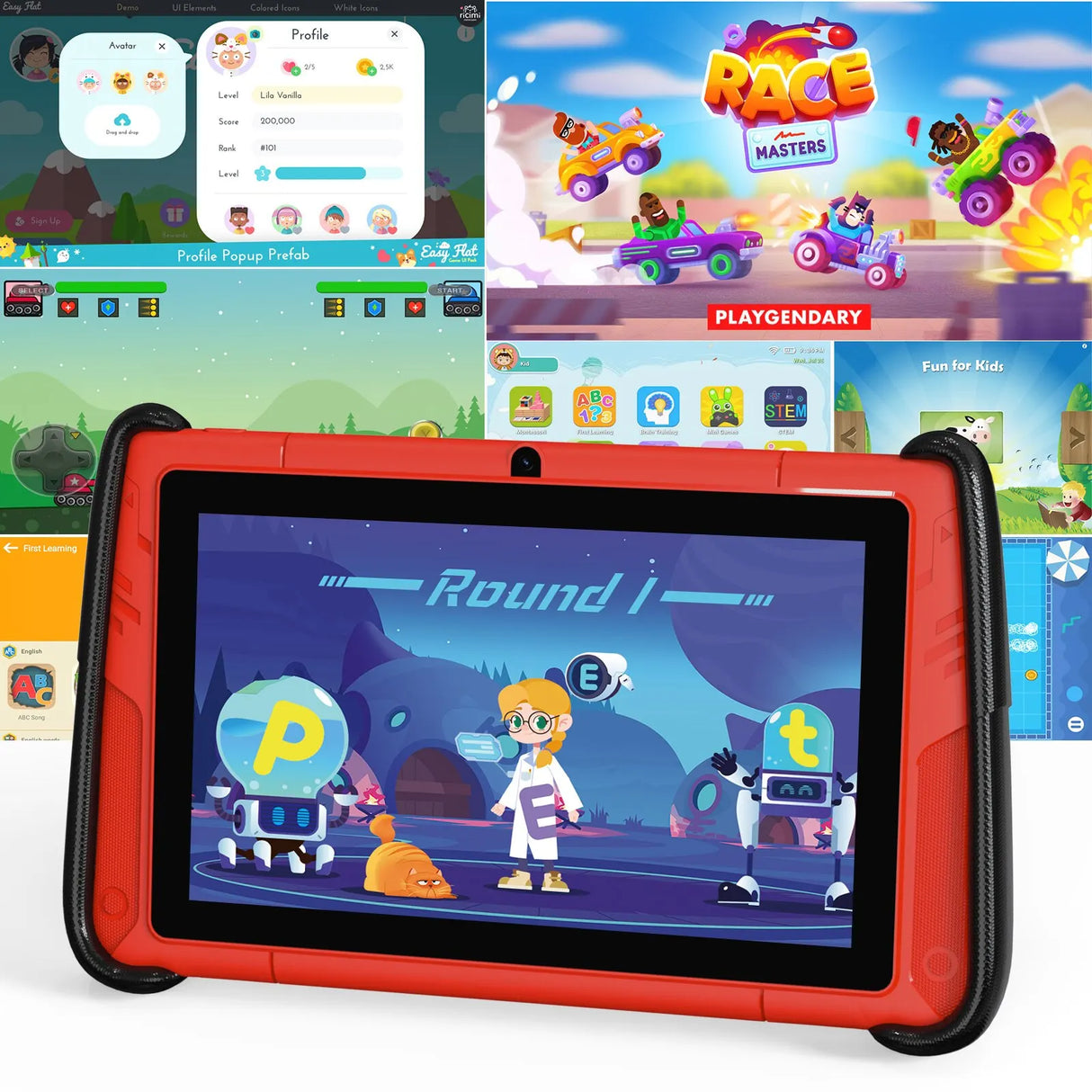 PRITOM 7" Android 12 Tablet for Children, 4GB RAM 64GB ROM, Kids Software Pre-Installed, WiFi, with Cool Sports Car Shape Case