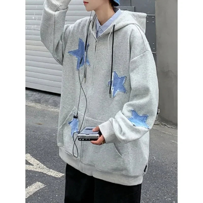 Men's Star Patch Zip Up Hoodie for Men Oversized Y2k Sweatshirt Jacket E-Girl 90s Pullover Streetwear