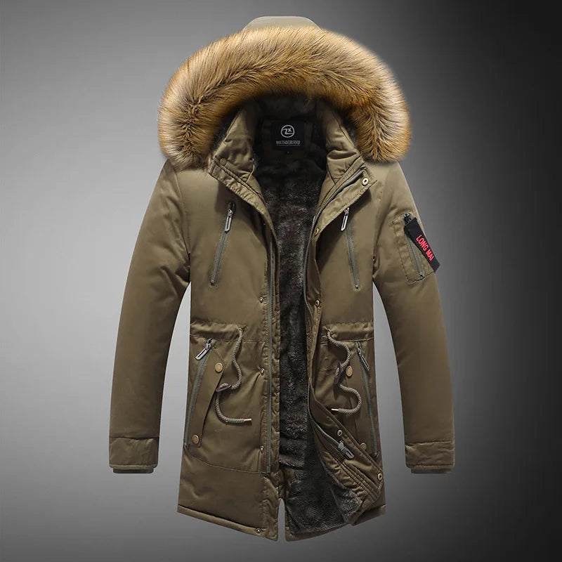 2023 Mens Winter New Windproof Warm Thick Fleece Long Parka Jacket Mens Outwear Fashion Casual Fur Collar Outdoor Hooded Parkas