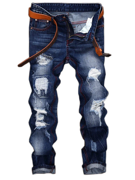 New Ripped Jeans Brand Motorcycle Design Plus Size Fashion Four Season Straight Men's Denim Ripped Hole Pants