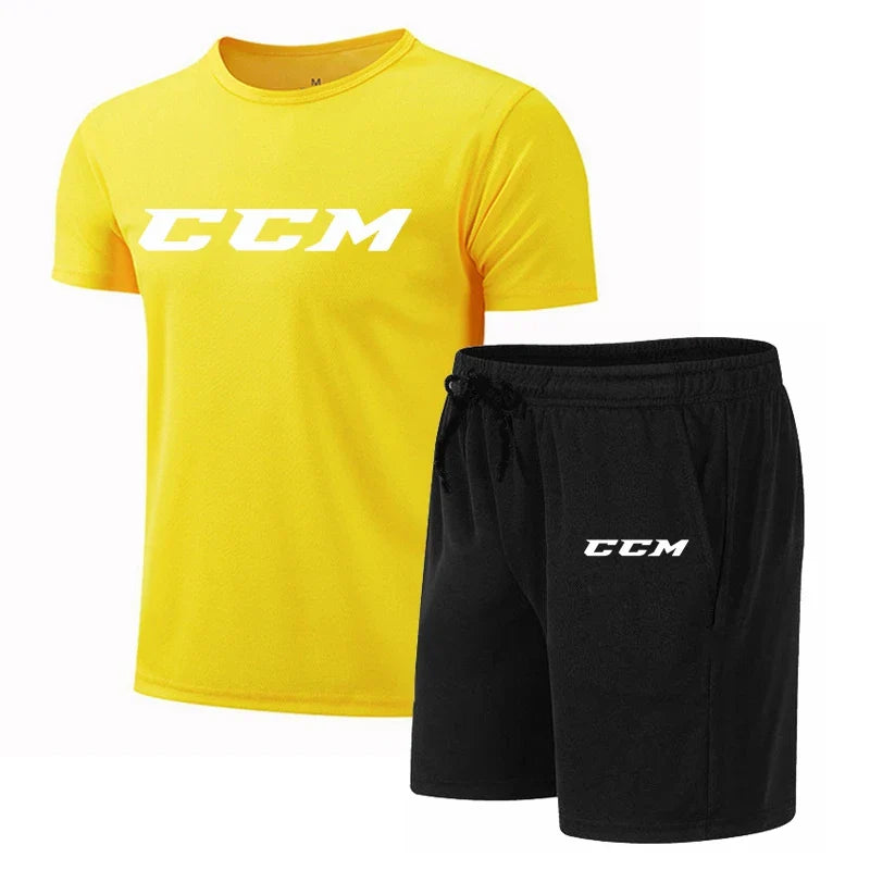 Summer Men's Fitness Fashion Men's Casual Sportswear Suit Quick Drying Sports Suit CCM Short Sleeve T-Shirt + Shorts 2 Piece Set