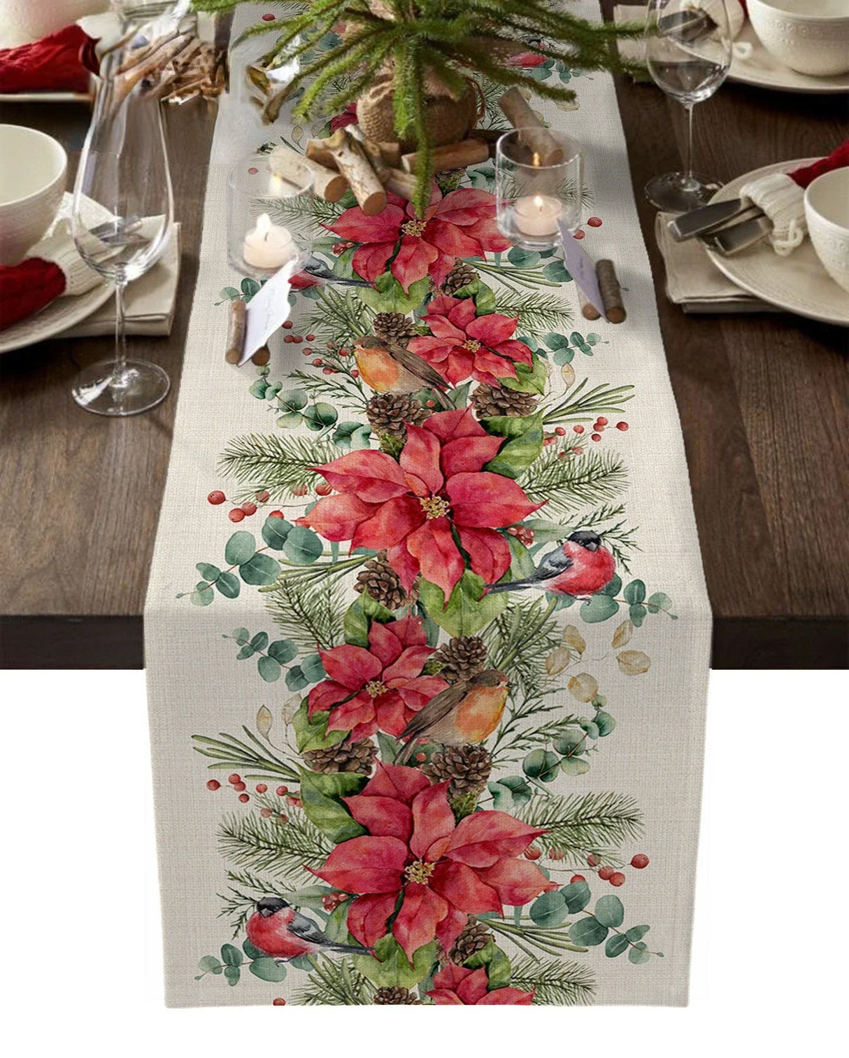 Modern Elegant Table Runner Eucalyptus Berries Robin Table Runner Christmas Wedding Decoration Tablecloth Home Party Decor