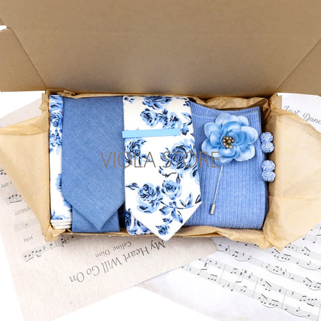 Viola Design 7 PCS Gift Box Cotton Sock Tie Sets Clip Pin Cufflinks Hanky Solid Floral Men Wedding Party Daily Cravat Accessory