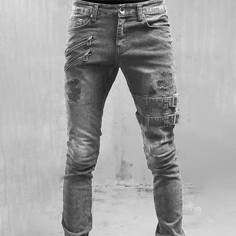 Men Slim Biker Ripped Long Denim Trousers Skinny Jeans Pocket Side Straps and Zips Male Jogging Pants Destroyed Stretchy Pants