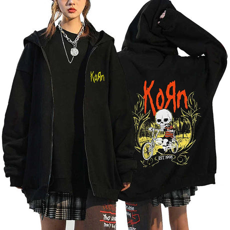 Korn Rock Band Sweatshirts WORLD TOUR Hoodies Cartoon Vintage Metal Gothic Streetwear Zip Up Jackets Tops Fleece Oversized Coats