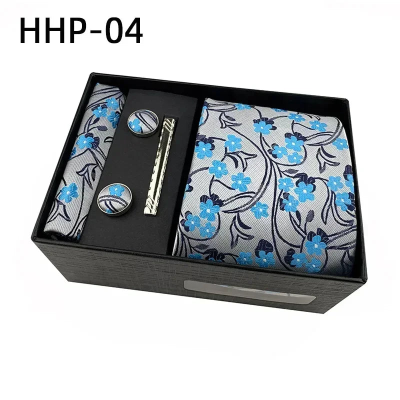 Luxury Tie Set Gift Box for Men Jacquard Necktie and Pocket Square Clip Cufflinks Red Black Blue Handkerchief Formal Gift