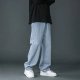 New Korean Fashion Men's Casual Long Jeans Classic Man Straight Denim Wide-leg Pants Solid Color Light Blue Black 3XL