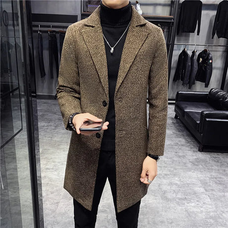 Men's Fashion Warm Casual Windbreaker Long Coat 2023 New Autumn/Winter Solid Color Woolen Coat Slim Fit Long Windbreaker Coat