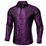 Luxury Silk Polyester Casual Shirts for Men Long Sleeve Blouse Prom Tuxedo Formal Purple Paisley Designer Men Clothing