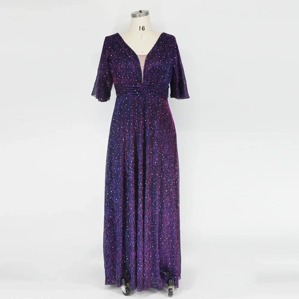 Sequin Evening Dress For Wedding Bridesmaid Plus Size Female Purple Plunging Neck Butterfly Sleeve Glitter Party Lady Dress