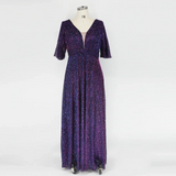 Sequin Evening Dress For Wedding Bridesmaid Plus Size Female Purple Plunging Neck Butterfly Sleeve Glitter Party Lady Dress