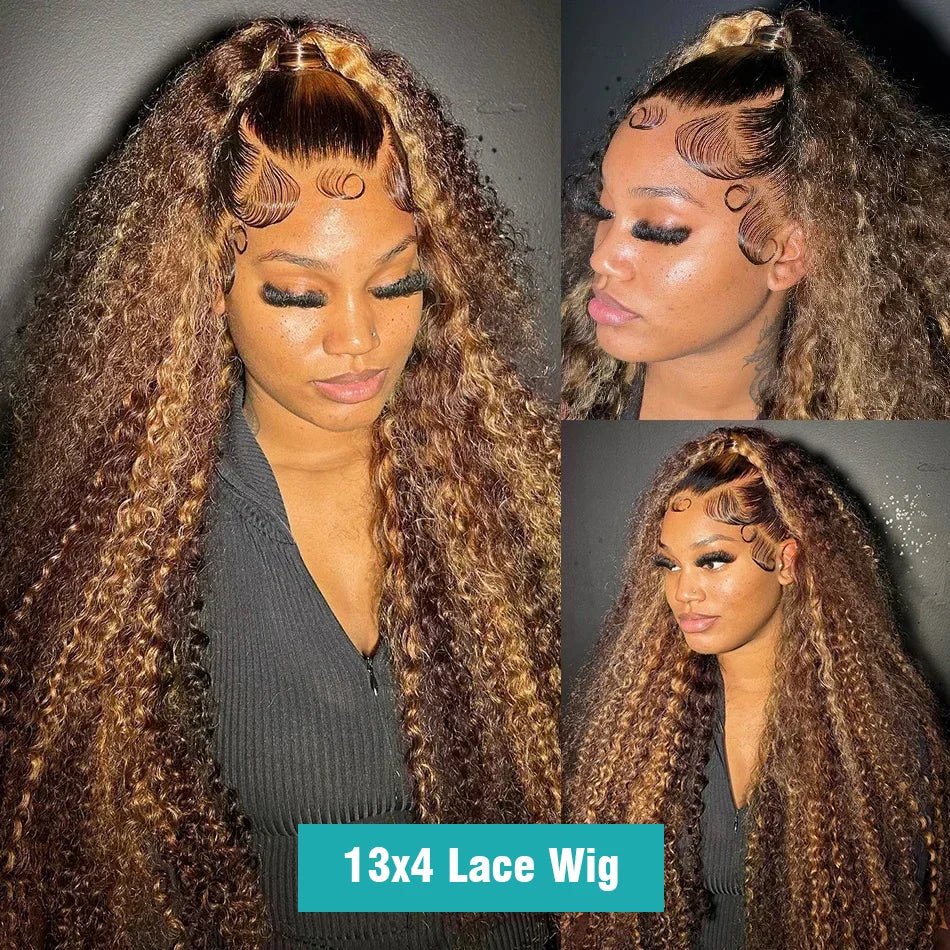 250 Density 30 Inch Highlight Honey Brown Curly HD Lace Front Human Hair Wigs 13x4 13x6 Ombre Color Deep Water Wave Frontal Wigs