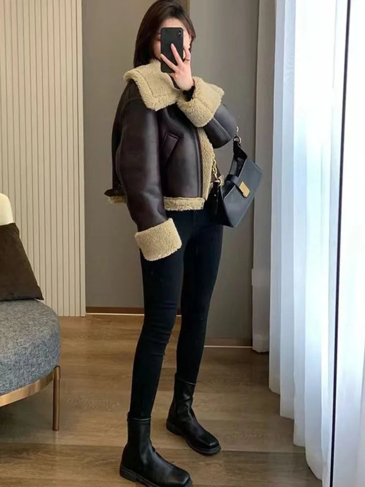 Winter Warm Waterproof Sheepskin Lamb Coat Thick Loose Parka Faux Fur Leather Jacket Female Plus Size Zipper Moto Biker Outwear