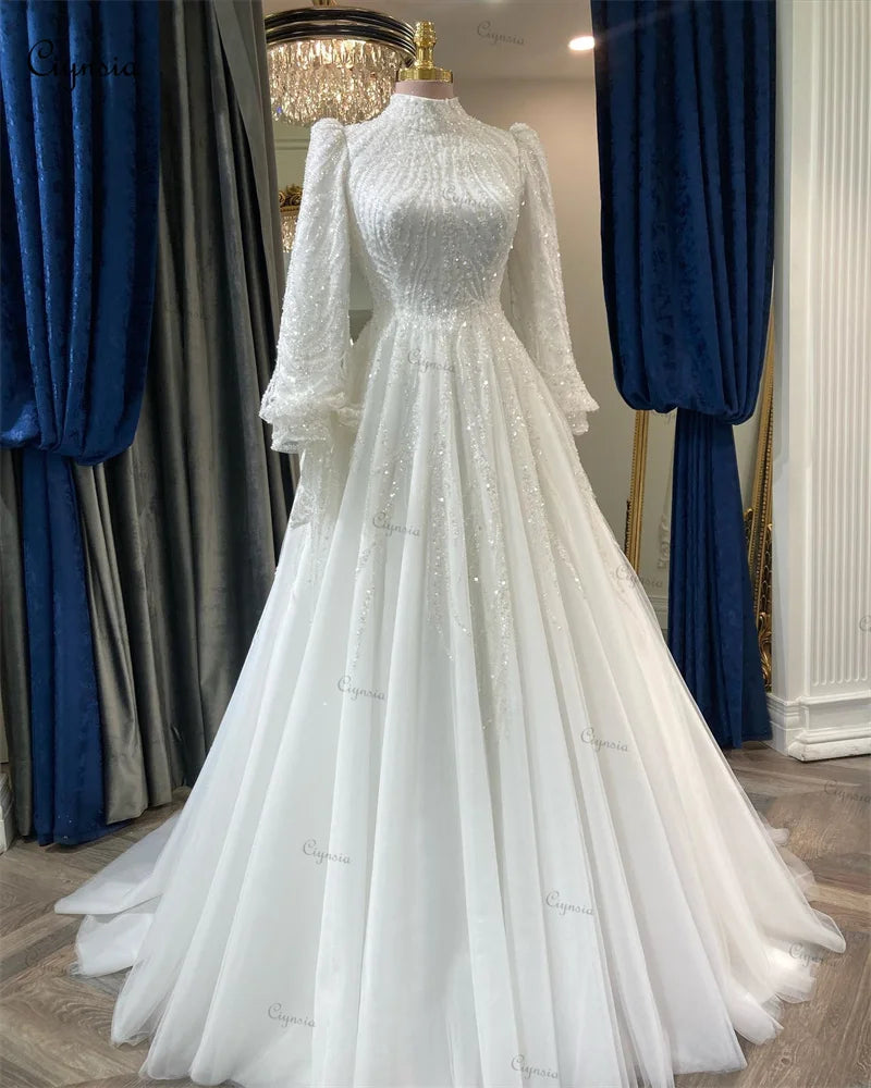 Ciynsia Luxury Long Sleeves Muslim Wedding Dresses Lace Beaded Dubai Arabic Bridal Gowns For Women Bride Robe De Mariée 2024