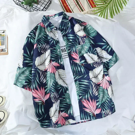 2022 Summer Hawaiian beach seaside flower Shirt for Men Vintage Button Up Thin Half Short Sleeve Shirts Korean Fashion Clothes