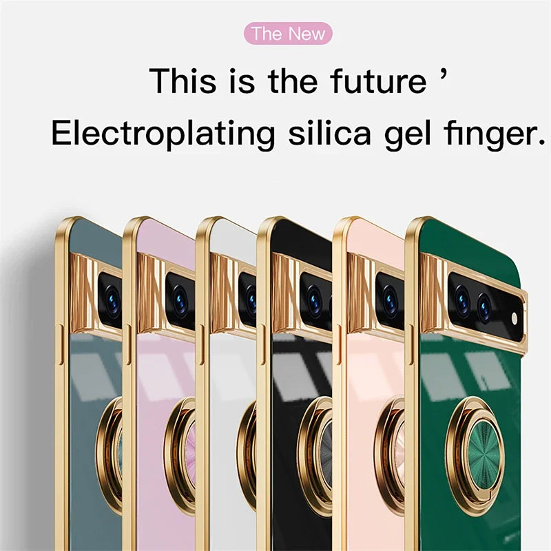Luxury Plating Silicone Shockproof Phone Case For Google Pixel 8 8A 7 Pro 7A 6A Metal Ring Magnetic Holder Stand Soft Back Cover