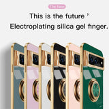 Luxury Plating Silicone Shockproof Phone Case For Google Pixel 8 8A 7 Pro 7A 6A Metal Ring Magnetic Holder Stand Soft Back Cover