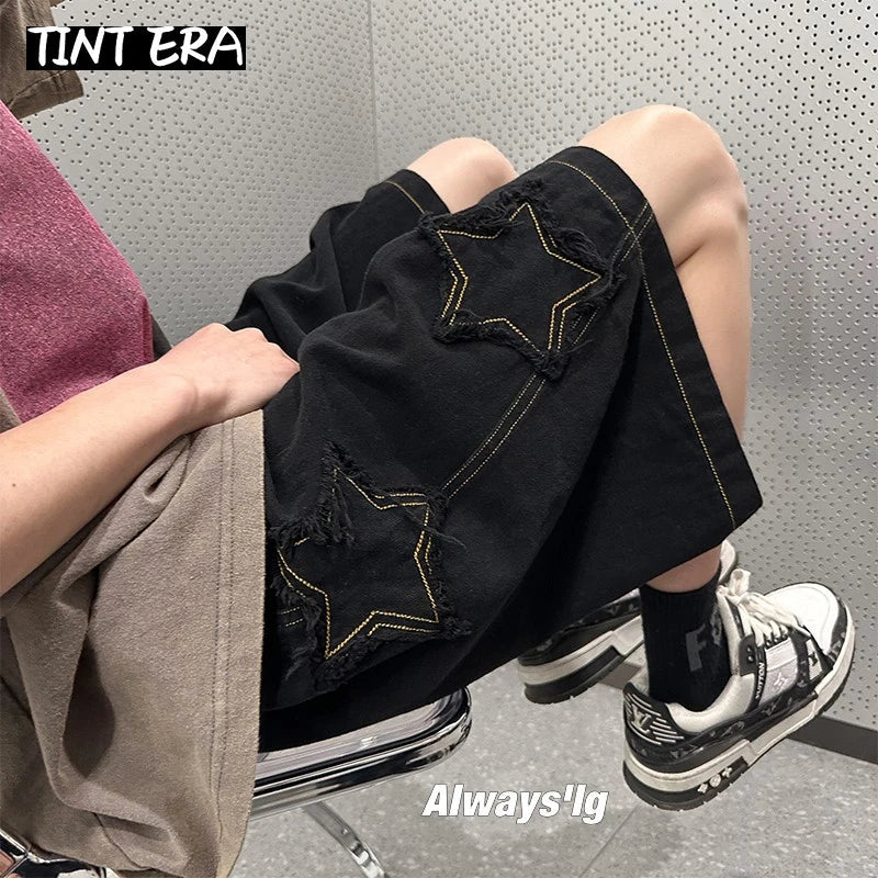 TINT ERA Y2K Mens Streetwear Breeches Star Korean Harajuku Pocket Denim Hip Hop Cargo Short Pants Grunge Bermudas Jeans Shorts