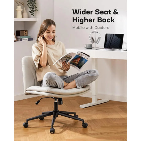 Ergonomic Chair for Office Chairs & Sofas Armless-Office Desk Chair With Wheels: PU Leather Cross Legged Wide Chair Furnitures