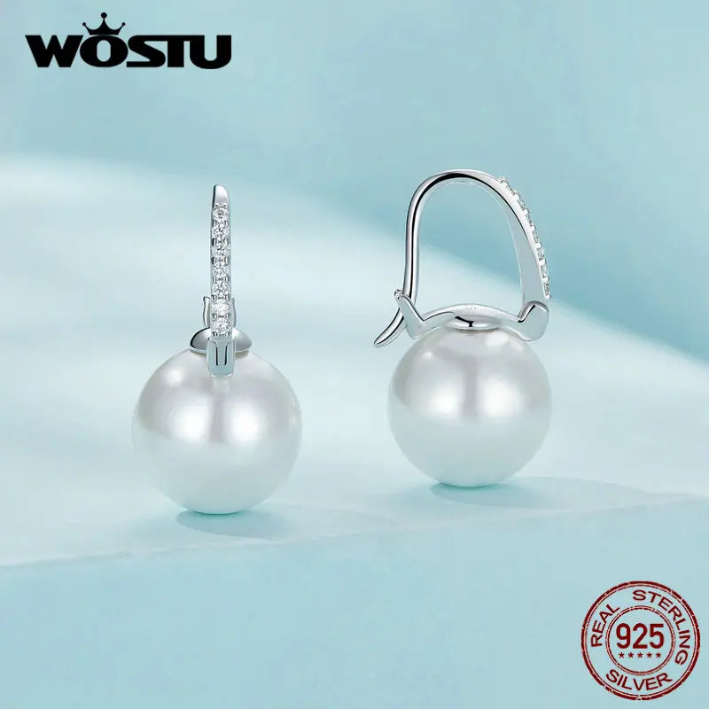 WOSTU Real 925 Sterling Silver European Simple U style Big Shell Pearl Hoop Earrings Women Drop Earring Party Accessories Gift