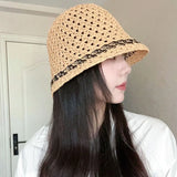 Fisherman's Hat Summer Fashion Ladies Paper Straw Bucket Hat Breathable Crochet Beach Cap Wide Brim Sun Cap