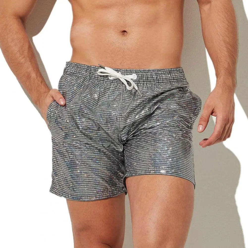 Shiny Drawstring Track Pants Print Beach Pants Sequin Men's Gym Shorts with Drawstring Elastic Waist Soft Breathable for Fitness