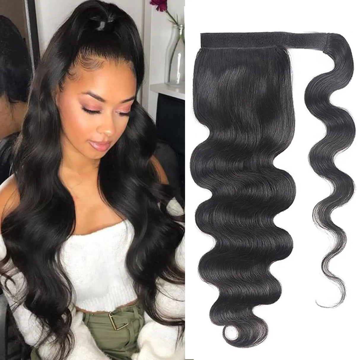 Body Wave Ponytail Human Hair Extension 120g Wrap Around Clip In Ponytail Natural Black  #1B 14-26 Inch High Quality For Women