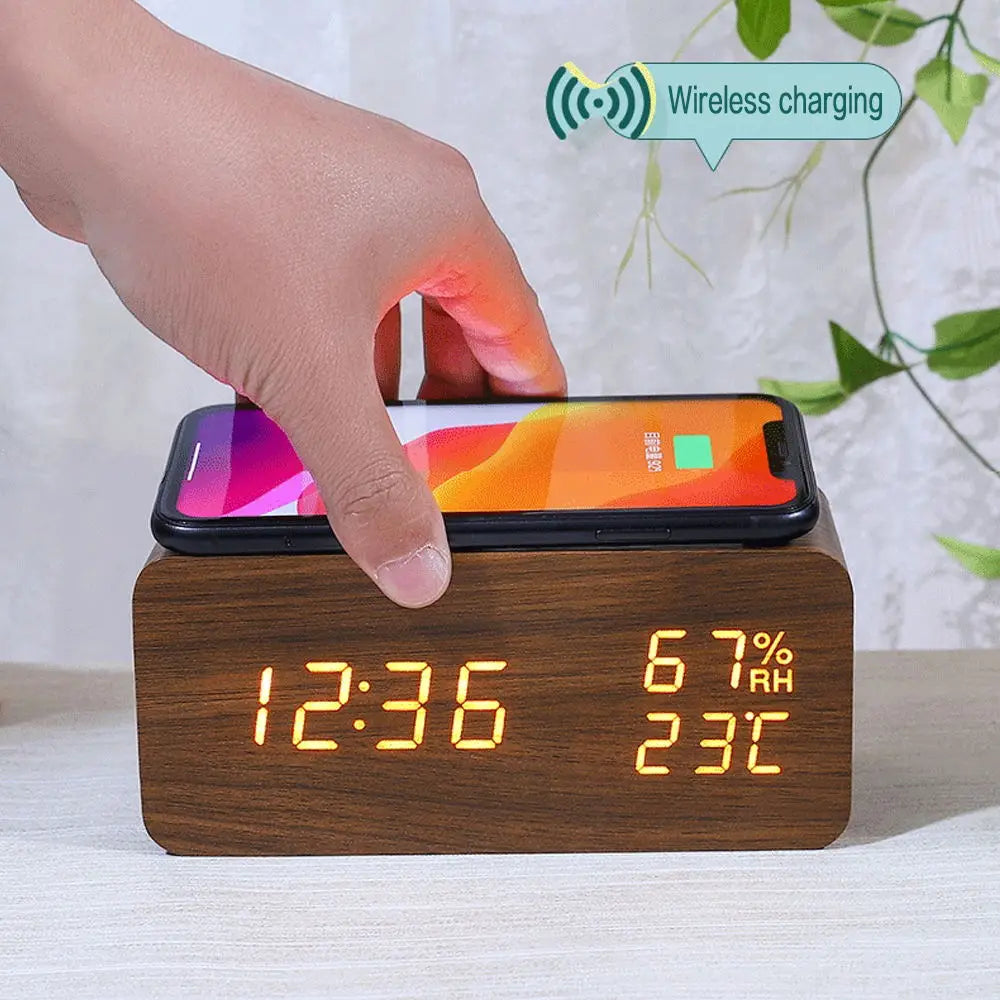 Wood Grain Digital Alarm Clock With Wireless Charging Home LED With Temperature And Humidity Display Clock Small Alarm Clock