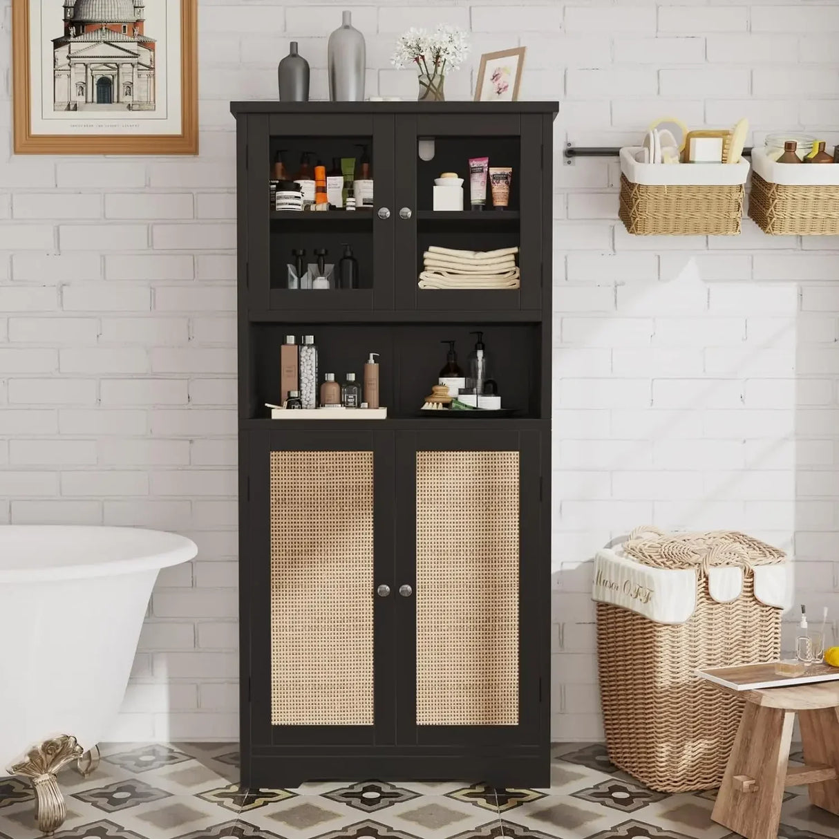 Bathroom cabinet, independent floor standing cabinet with open shelves, large display cabinet with doors, bathroom cabinet