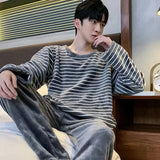 Winter Men Thicken Warm Flannel Pajama Set Male Long Sleeved Men'S Winter Stripe Leisure Homewear Cloth Loose Men Sleepwear Set