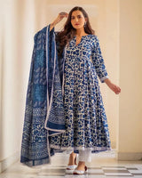 Women Cotton Printed Anarkali Kurta with Palazzo Dupatta Set 3/4 Regular Sleeves