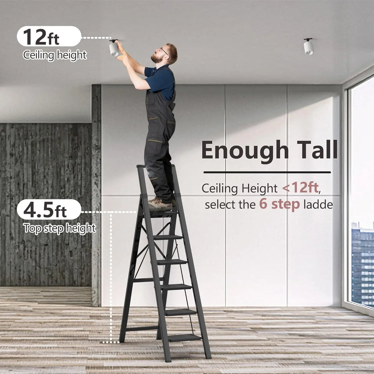 GameGem 6 Step Ladder for 12 Feet High Ceiling, Lightweight Aluminum Folding Step Stool with Convenient Handgrip, Stepladders