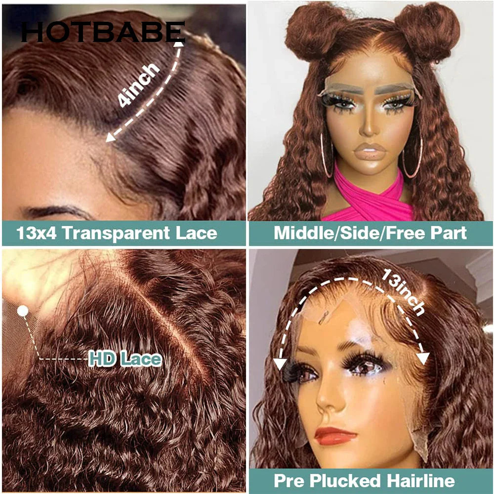 Brown Color Curly 13x4 HD Lace Frontal Wig Glueless Human Hair Wig Water Wave Lace Front Wigs Brazilian Preplucked 350 Density