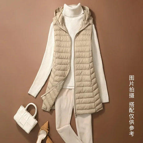 Women's Autumn/Winter X-long Hooded Sleeveless Jackets 2023 New White Duck Down Female Slim Fit Office Lady Warm Vest Coat