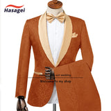 Champagne Men's Wedding Tuxedo Elegant Men 2-piece Suit Set Patterned Jacket Pants Formal Slim Fit Outfit