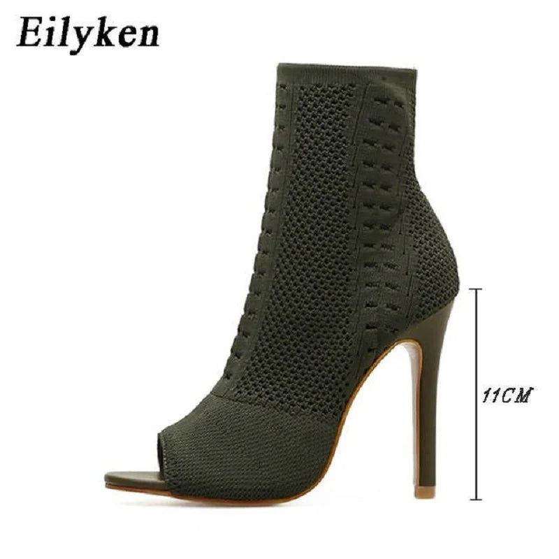 Eilyken New Style Peep Toe Ankle Boots Stretch Women Fabric Out Breathable Booties Sexy Dance Pole Ladies Pumps Shoes