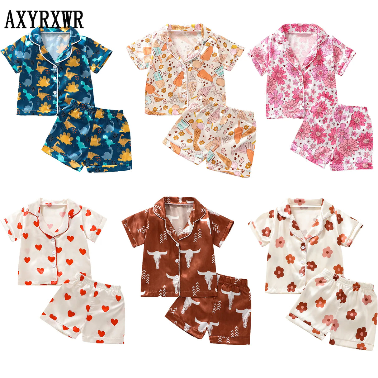 2023 Fashion Children Summer Pajama Sets Silk Satin Heart/Floral/Cattle Print Baby Suits Sleepwear Boy Loungewear Kids Pajamas